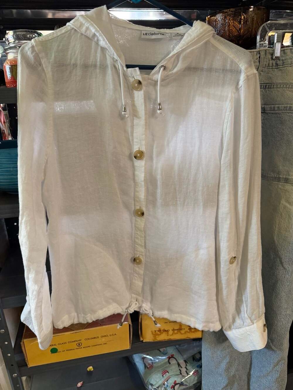 Liz Claiborne White Linen Hooded Button-Up Shirt